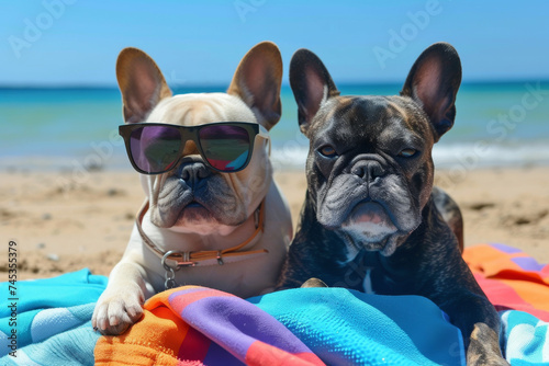 Two French Bulldogs on beach with sunglasses in summer relaxing © JennayStock