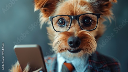 Dog boss in business suit using smartphone concept wallpaper background 