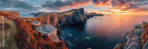 Sunset panorama and sea with rocks