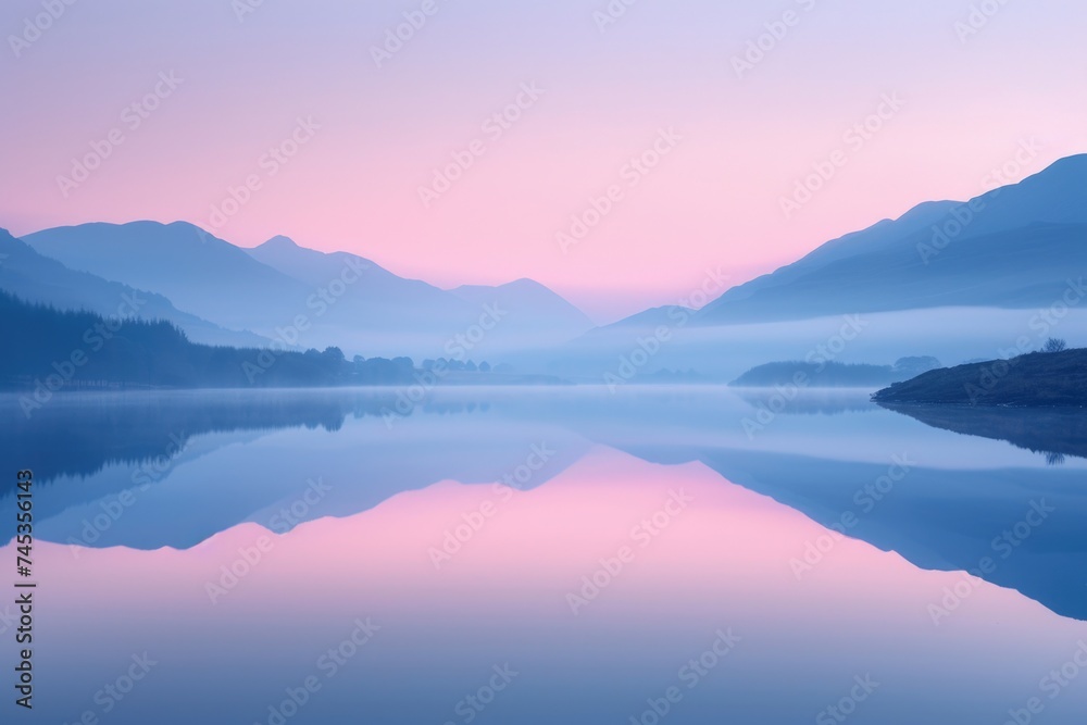 Calm waters and mountains at dawn