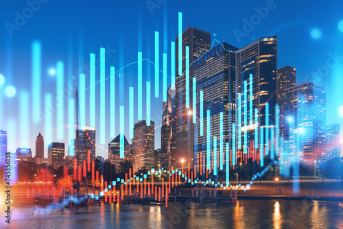 Skyscrapers Cityscape Downtown View  Chicago Skyline Buildings. Beautiful Real Estate. Night time. Forex Financial graph and chart hologram. Business education concept.