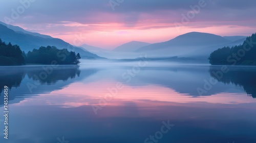 Calm waters and mountains at dawn