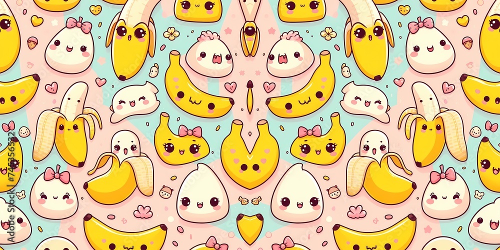 A cute pattern of cartoon bananas with faces and expressions on a pastel background, appealing to children and adults alike A cute pattern of cartoon bananas with faces and expressions on a pastel background, appealing to children and adults alike