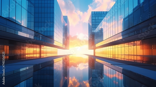 Sunrise over the tops of big city buildings