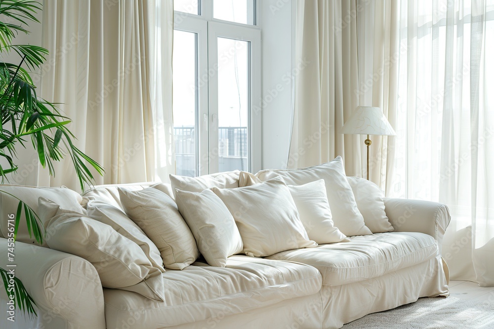 Fototapeta premium Modern scandinavian interior of living room with couch