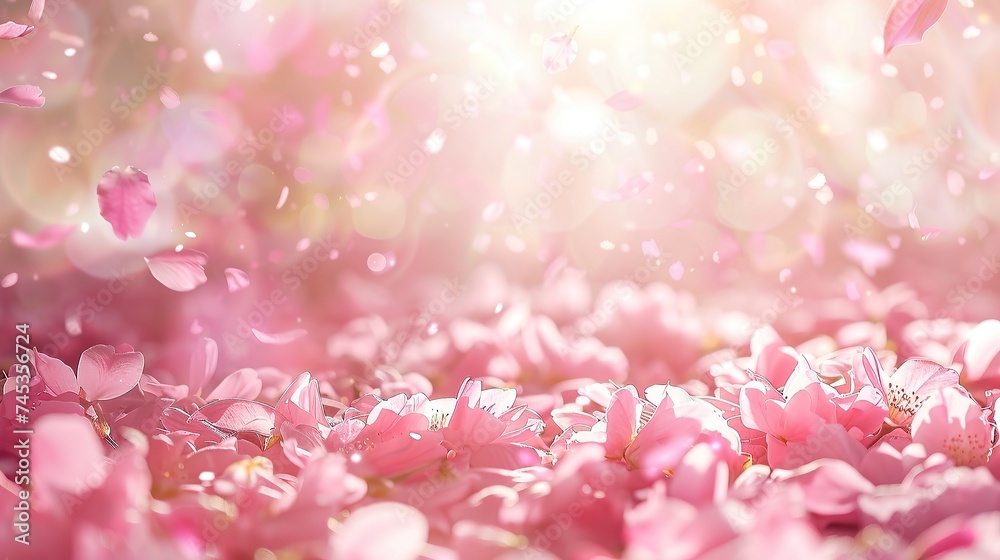 Delicate romantic spring pink background from cherry petals with copy space.