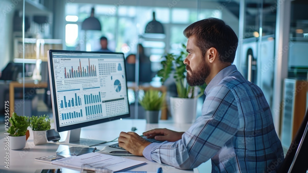 Fototapeta premium Professional Analyzing Financial Statistics on Computer Monitor in Office