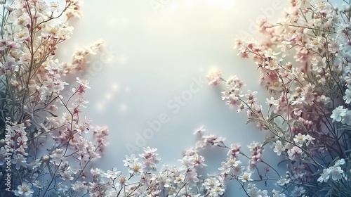 Create an empty wedding invitation, bathed in soft pastels and ethereal light. Design a delicate frame composed of blooming. Generative AI.