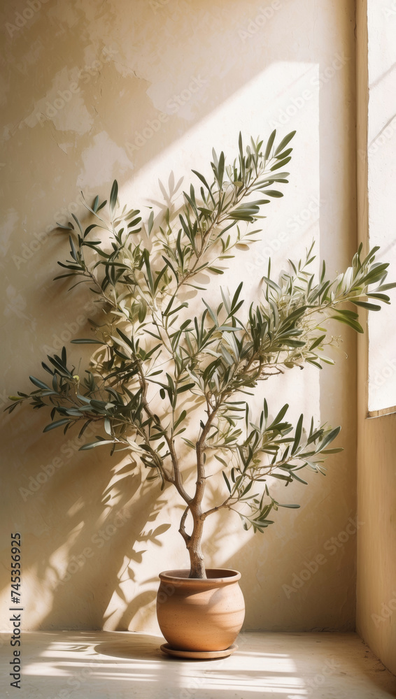 Beautiful olive tree in a clay flower pot against rustic textured wall. Minimal and natural organic plant concept.