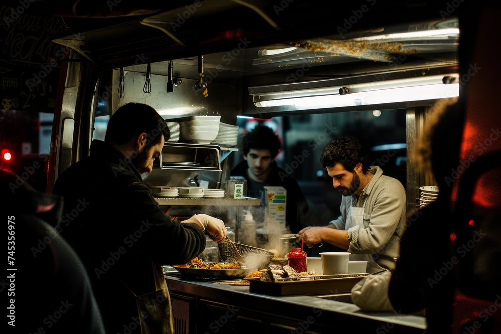 People cook food in a mobile van parked on the street