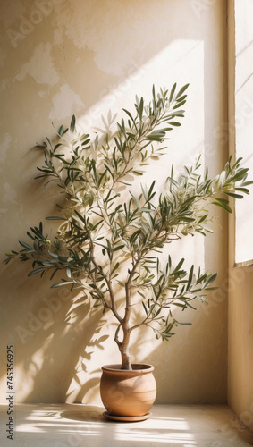 Beautiful olive tree in a clay flower pot against rustic textured wall. Minimal and natural organic plant concept.