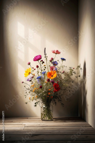 Colorful wild flower bouquet in a glass vase against natural beige wooden background. Minimal and rustic blooming design with copy space.