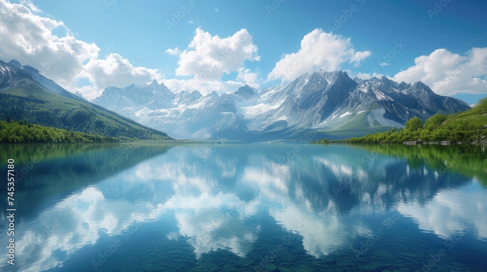 Reflections of mountains on a clear blue alpine lake