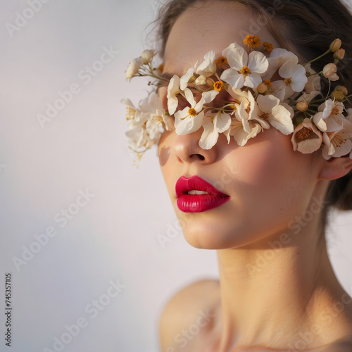 Surreal portrait of a beautiful woman with red lipstick and flowers covering her eyes against bright white background with copy space. Blooming spring fashion model concept. Creative face aesthetic.