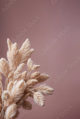 Natural dried beige fluffy bunny tails grass against mauve pink background with copy space. Boho floral design. Pastel botanic flower concept.