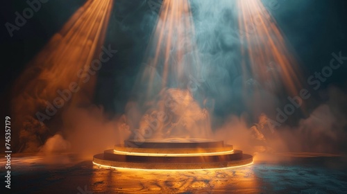 A golden podium stands on a dark background enveloped in smoke