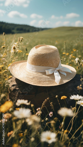 Summer concept of a straw hat with white ribbon and a bow lying in a floral meadow with wild flowers and bright blue sky. Optimistic sunny spring design with copy space.