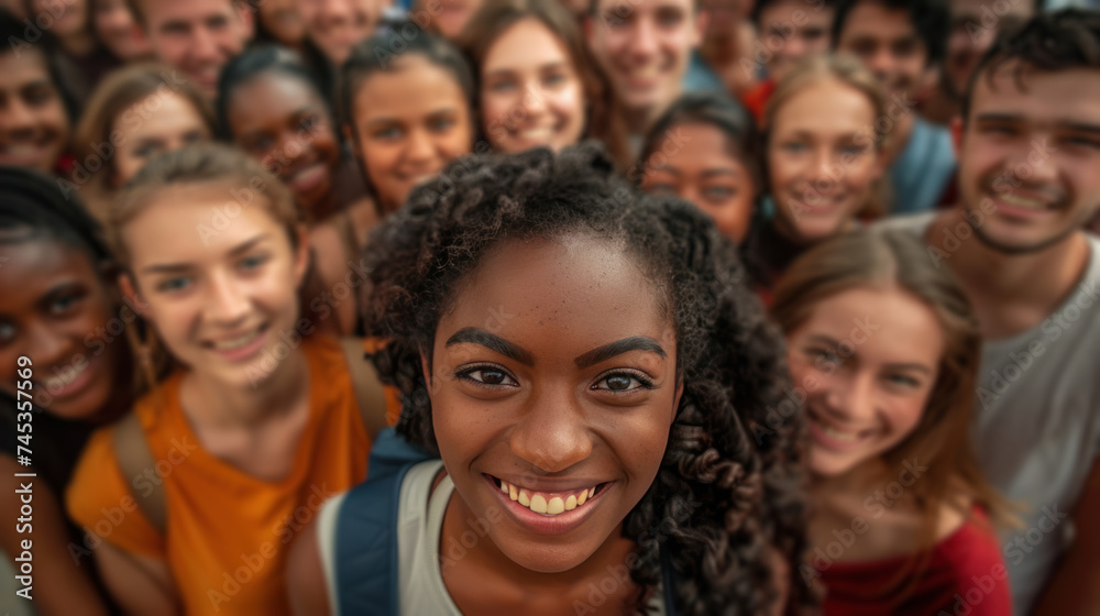 A high-angle shot capturing a large, diverse group of people smiling