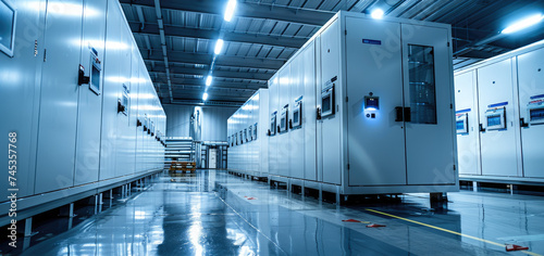 Industrial freezer in large warehouse. Generative AI. photo