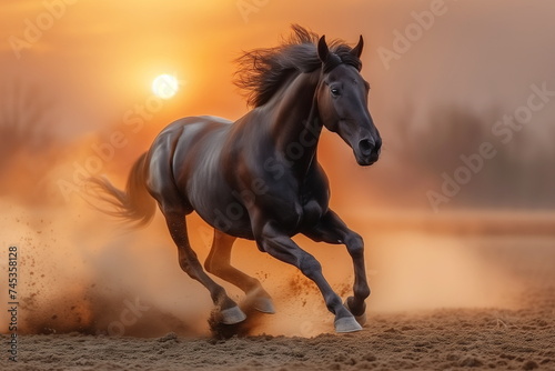 A black horse runs energetically through the sand, its mane flying, with a warm sunset glowing in the background
