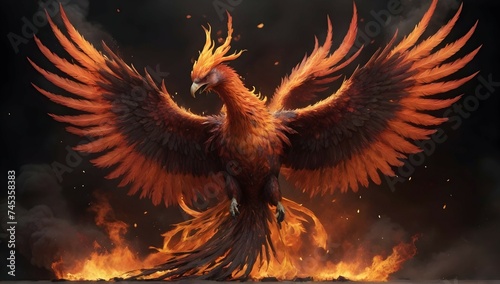 A fire-coloured raging old Phoenix rising from ashes with its wings spread. chaotic atmosphere © Zulfi_Art