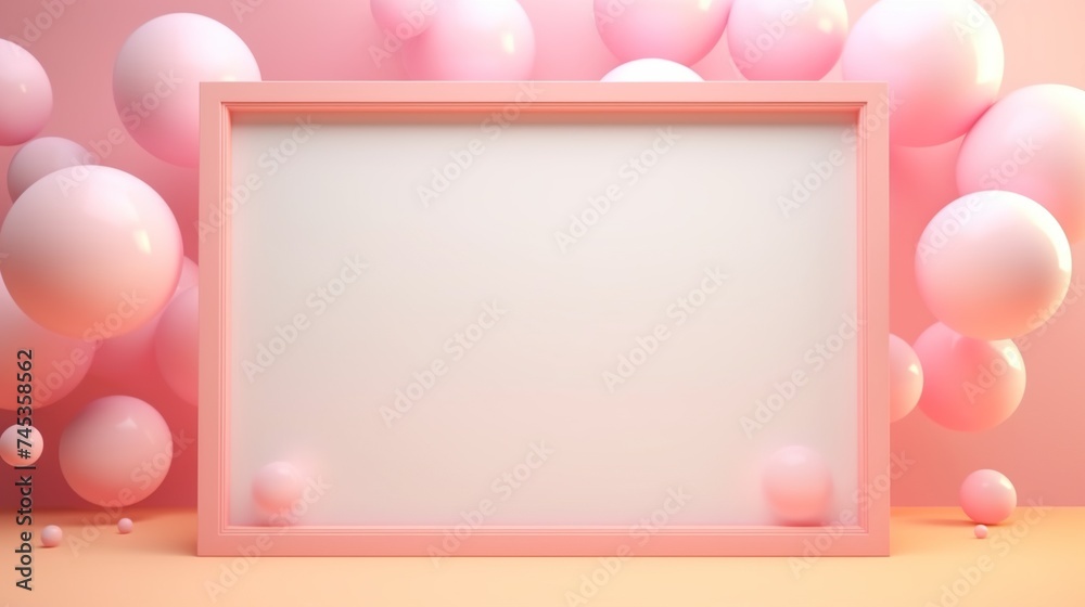 Blank poster frame on a pink wall with smooth light in soft pastel color.