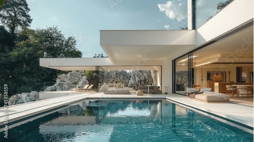 A luxury villa with an infinity pool. Generative AI. © visoot