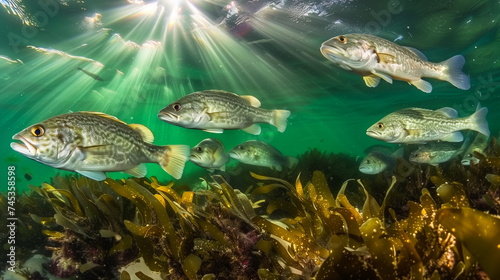 Underwater, a school of fish swims among streaming sunlight and seaweed, creating a tranquil marine scene