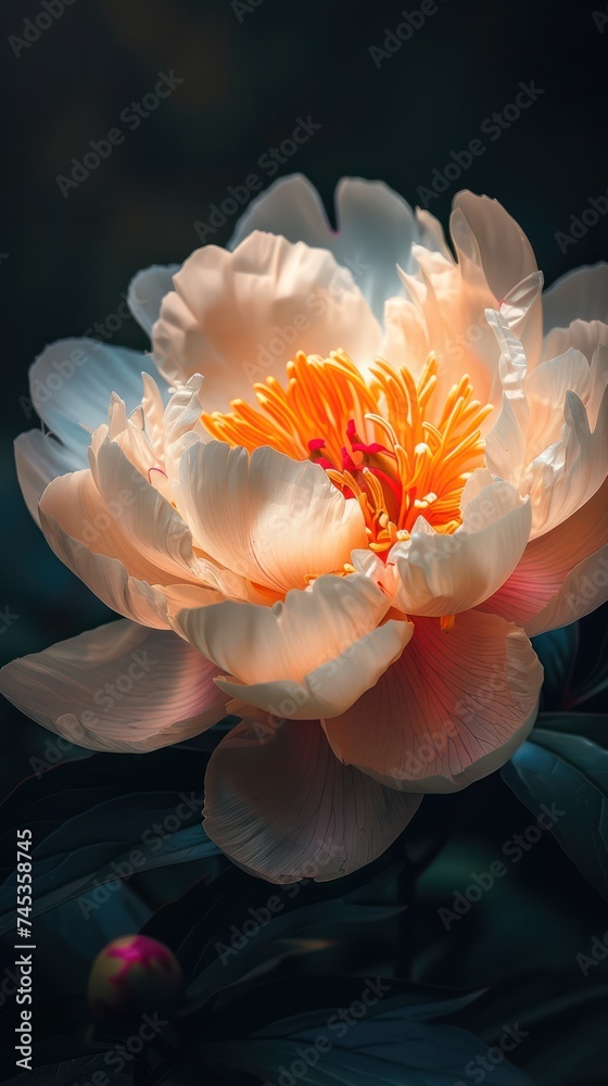 Fototapeta premium Pink white peony closeup on a black background. Beautiful flowers. The beginning of spring
