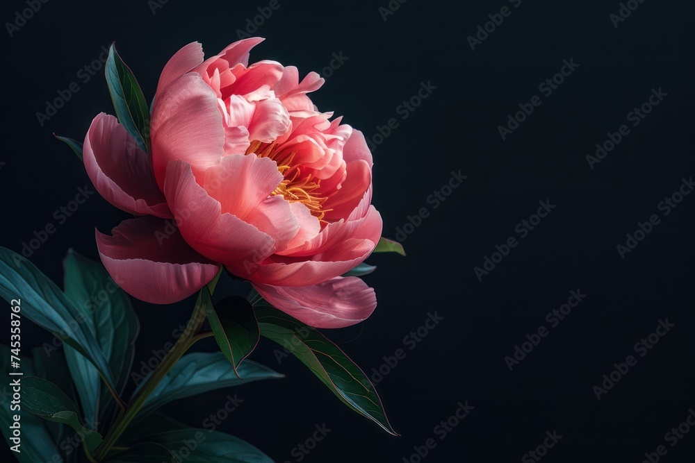 Fototapeta premium Pink white peony closeup on a black background. Beautiful flowers. The beginning of spring