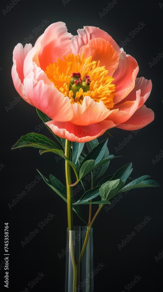 Fototapeta premium Pink white peony closeup on a black background. Beautiful flowers. The beginning of spring