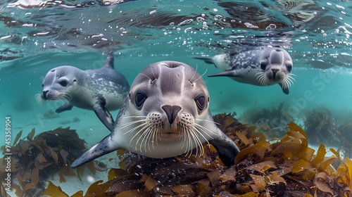 Seals swim playfully among kelp underwater, with their curious faces approaching the viewer in a clear, calm sea © weerasak