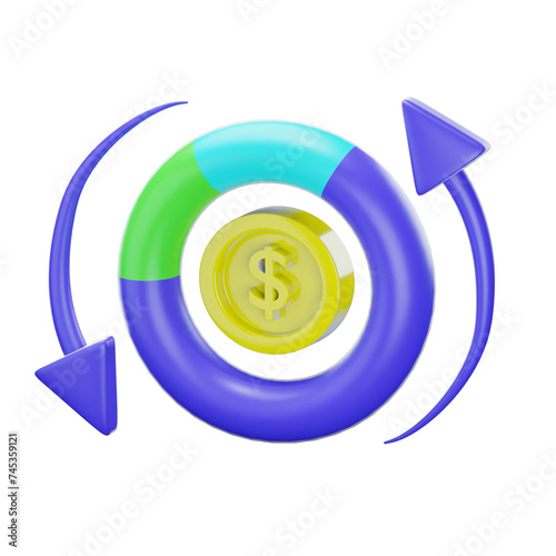 3d pie chart with gold coin and rolling arrow icon isolated on transparent background-3D illustration