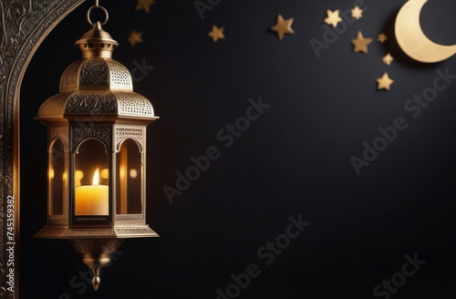 Eid al-Fitr, holy month of Ramadan, Laylat al-Qadr, suspended Arab lantern fanus, candles, golden crescent and stars, magical atmosphere, forged pattern, dark background © Svetlana Leuto