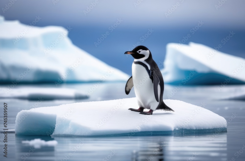 Obraz premium World Penguin Day, adult lone penguin on a drifting ice floe, iceberg in the ocean, kingdom of ice and snow, snowy coast, far north