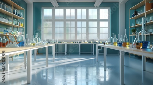 Front view of a chemistry school table with a big open space in the middle, good bright studio light. Generative AI. © visoot