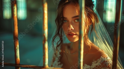 Bride wearing a veil and dark hair looking thoughtfully through prison bars, illuminated by the rays of the sun
