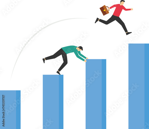 Two businessman taking competition. Improvement, Make a spurt of progress, achieve the goal in one step.

