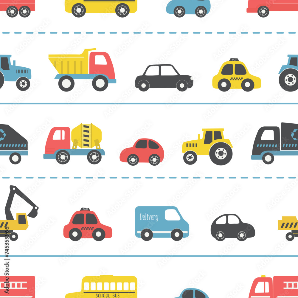 Fototapeta premium Toy Cars Seamless Pattern. Different toy cars: firefighters car, truck, taxi, bus, concrete mixer truck, garbage truck, delivery truck, tractor. Toys for the babies. Vector illustration on white