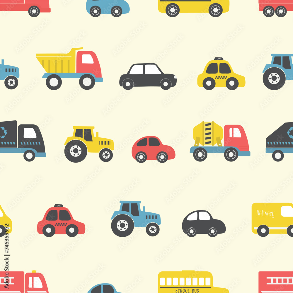 Toy Cars Seamless Pattern. Different toy cars: firefighters car, truck, taxi, bus, concrete mixer truck, garbage truck, delivery truck, tractor. Toys for the baby boys. Vector illustration on yellow