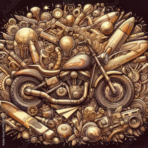 Doodle illustration of mechanical object with motorbike as a graphic collage