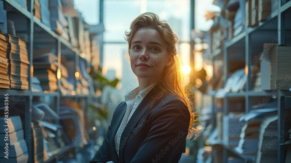 Fototapeta premium A diligent HR office professional woman, meticulous organizing employee records in a modern, sleek office environment. Generative AI.