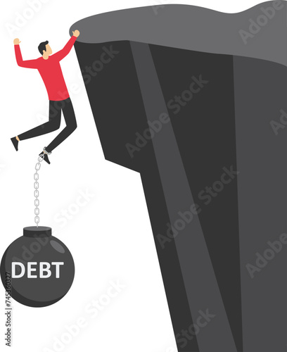 Debt drag people to cliff.Businessman hanging dangerously on cliff and weigh down by metal ball and chain with word debt chained on his feet. Vector illustration on weigh down by debt concept.

