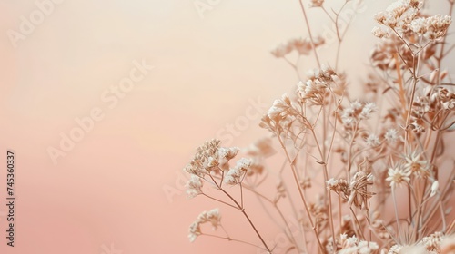 Beige neutral color romantic lovely dried flowers with blur light background wallpaper macro © Ibad