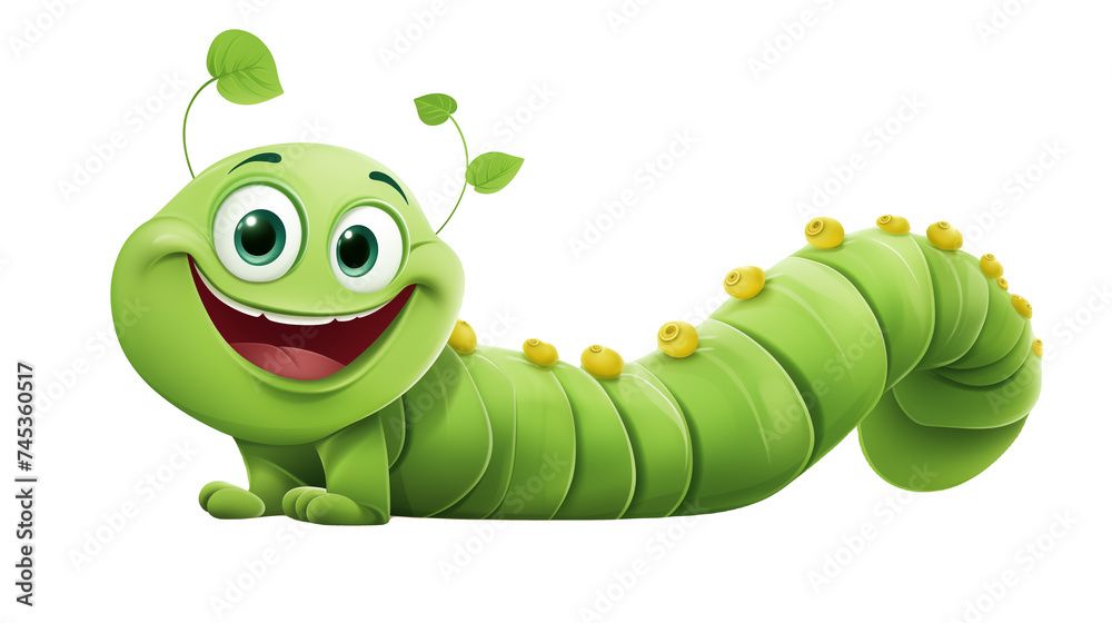 Fototapeta premium Friendly Green Cartoon Caterpillar with Yellow Spots, Kid-Friendly Illustration for Storybooks