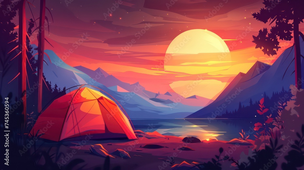 Tourist summer camping. illustration of tents. Camping on a clearing in the forest. Flat style. Summer camp, nature tourism, camping, hiking, trekking