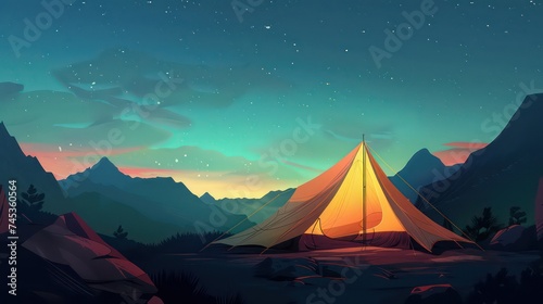 Tourist summer camping. illustration of tents. Camping on a clearing in the forest. Flat style. Summer camp, nature tourism, camping, hiking, trekking photo