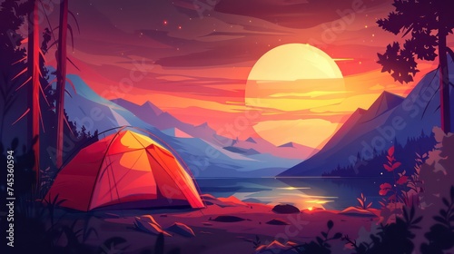 Tourist summer camping. illustration of tents. Camping on a clearing in the forest. Flat style. Summer camp  nature tourism  camping  hiking  trekking