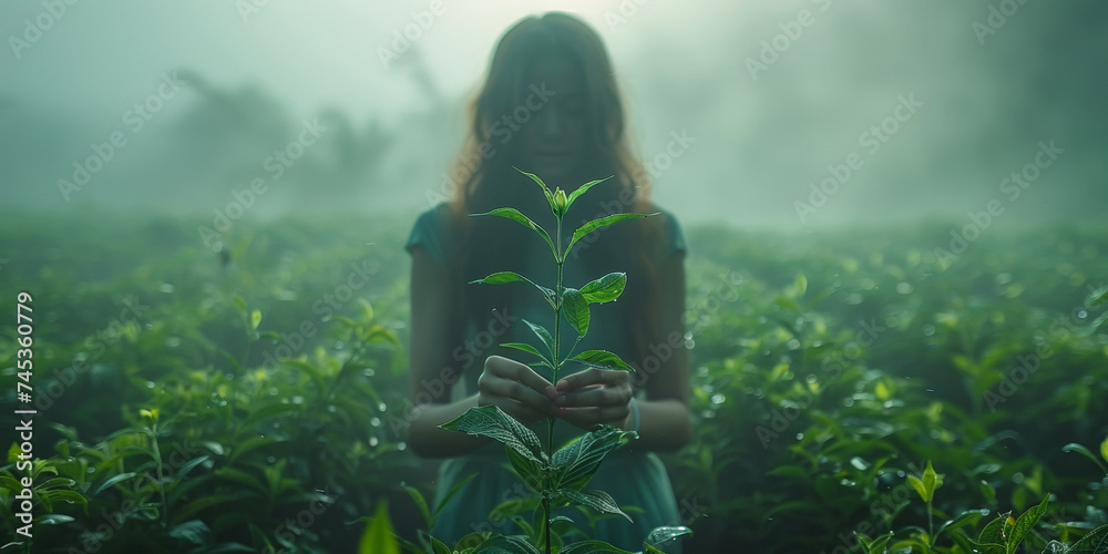Φωτογραφία In a mysterious and hazy portrait, a tender woman holds a wet plant, embodying nature's magic