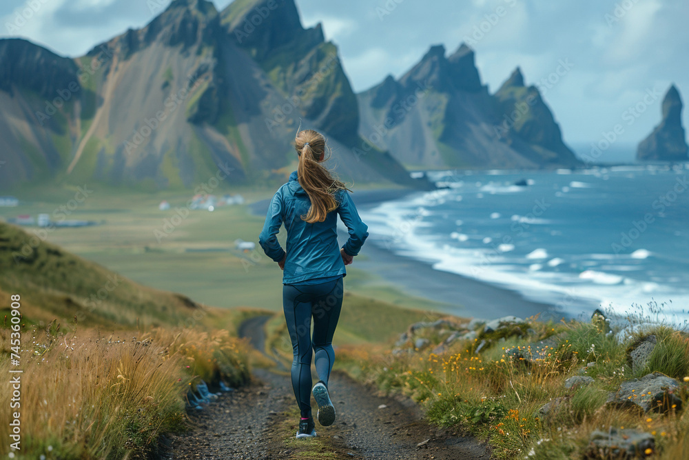 A young woman, embodying fitness, runs amidst the beautiful mountain landscape, enjoying an active and healthy lifestyle.